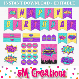 Girl Superhero Birthday Party Printable Decorations - Editable Instant Download