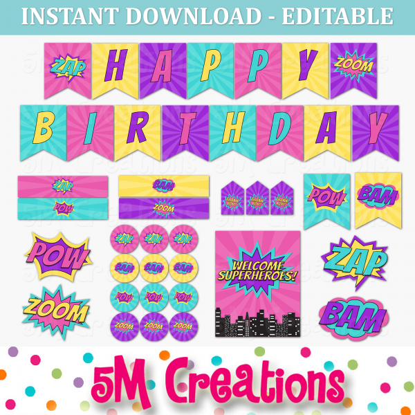 Girl Superhero Birthday Party Printable Decorations - Editable Instant Download