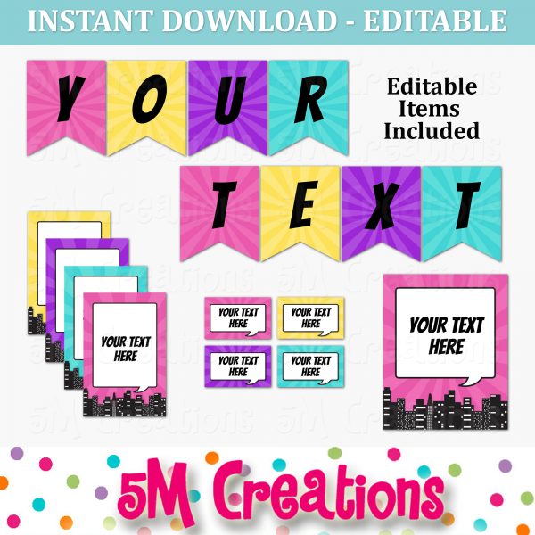 Girl Superhero Birthday Party Printable Decorations - Editable Instant Download - Image 3