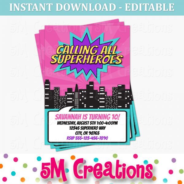 Girl Superhero Birthday Party Invitation - Editable Printable Digital File