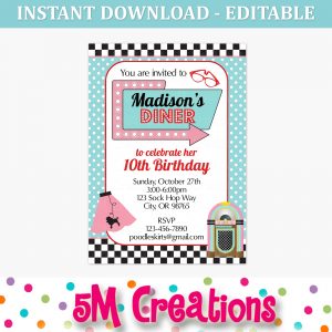 50s Diner Birthday Party Invitation - Editable Printable Digital File