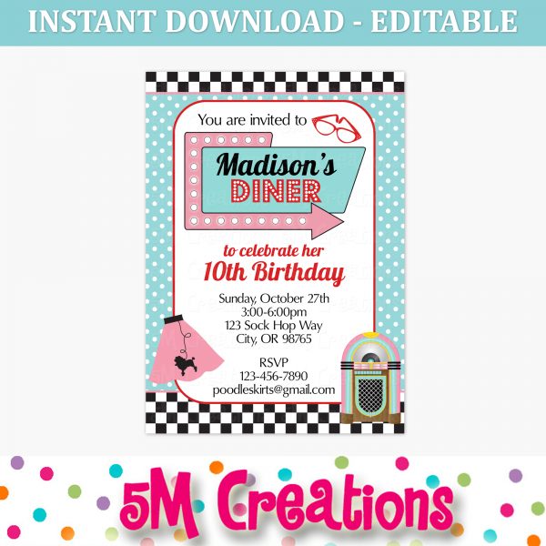 50s Diner Birthday Party Invitation - Editable Printable Digital File