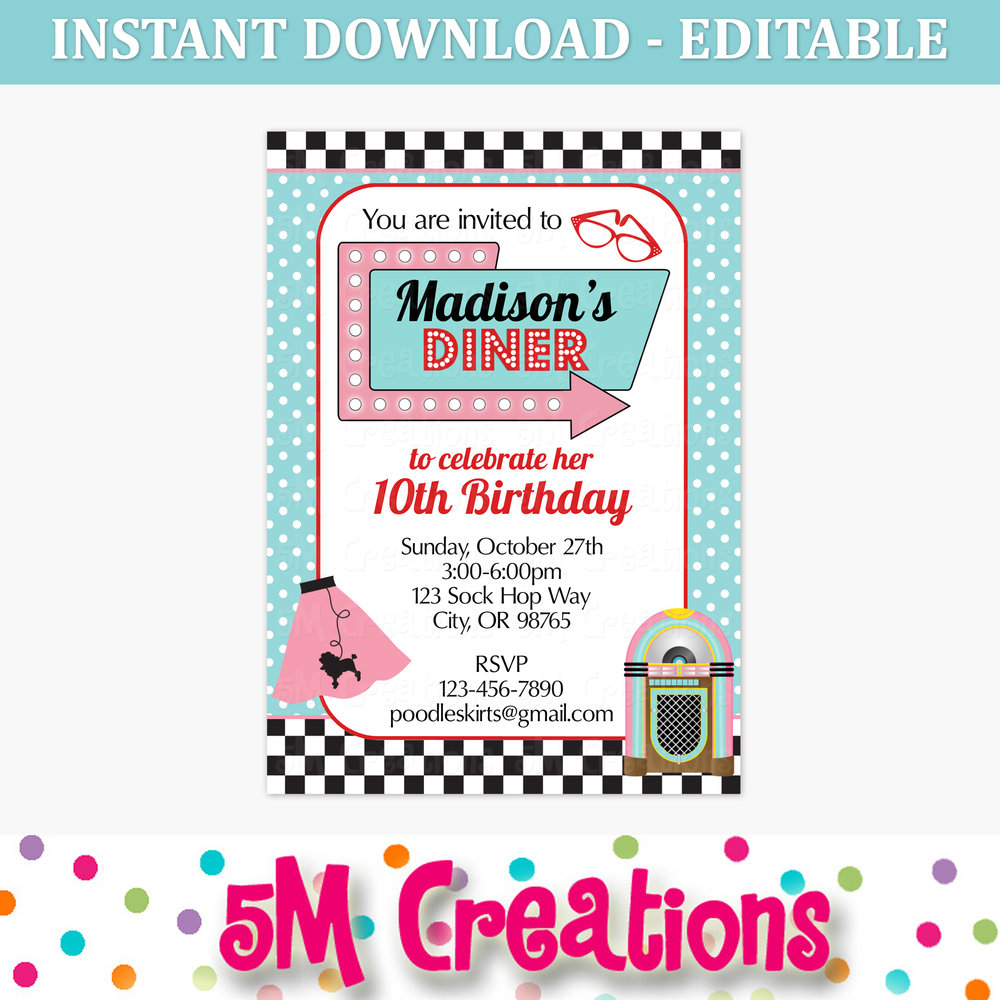 50s Diner Birthday Party Invitation – Editable Printable Digital File – 5M Creations Blog